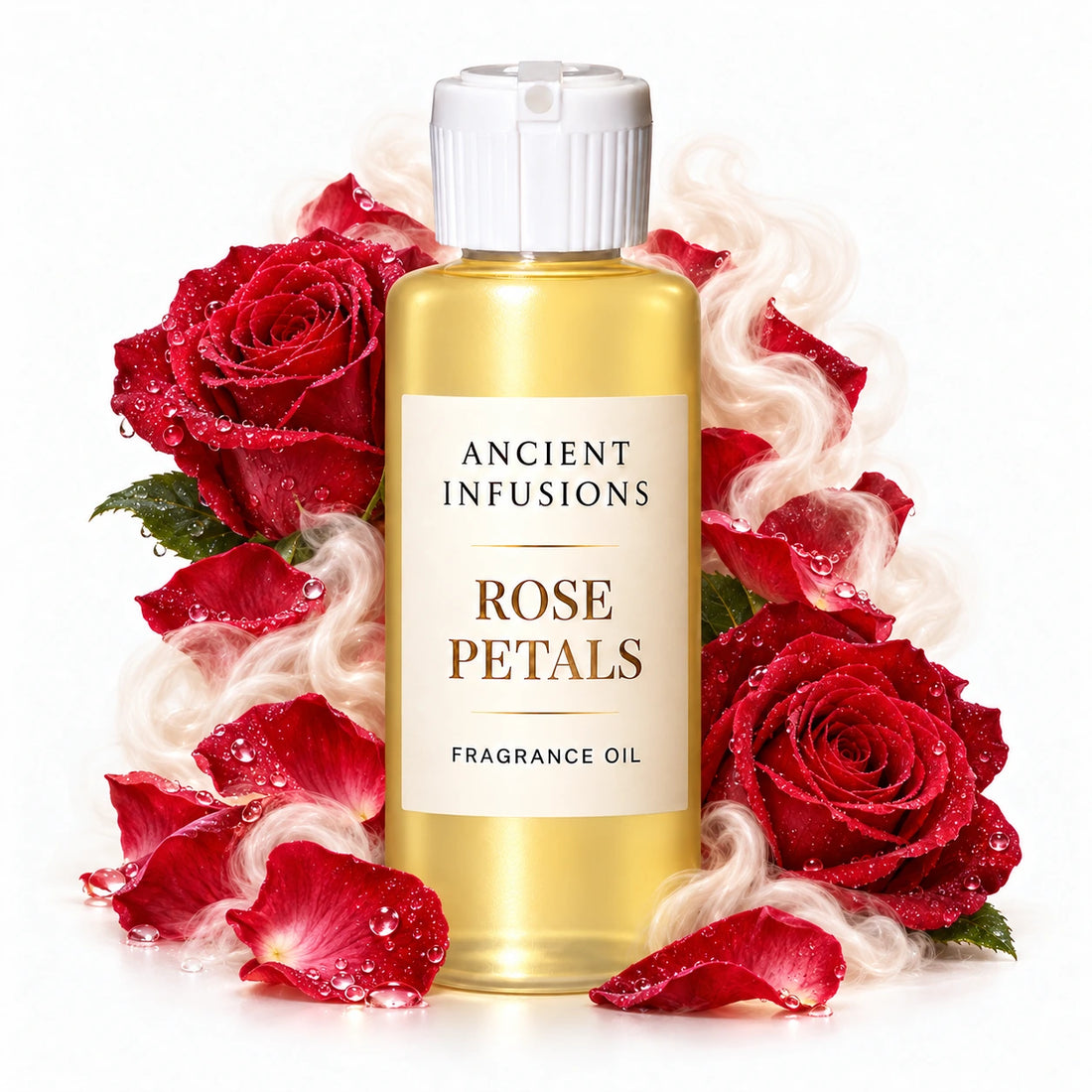 Rose Petals fragrance oil by Ancient Infusions, with pale yellow oil and a tight halo representing dewy rose, red rose petals, soft musk.