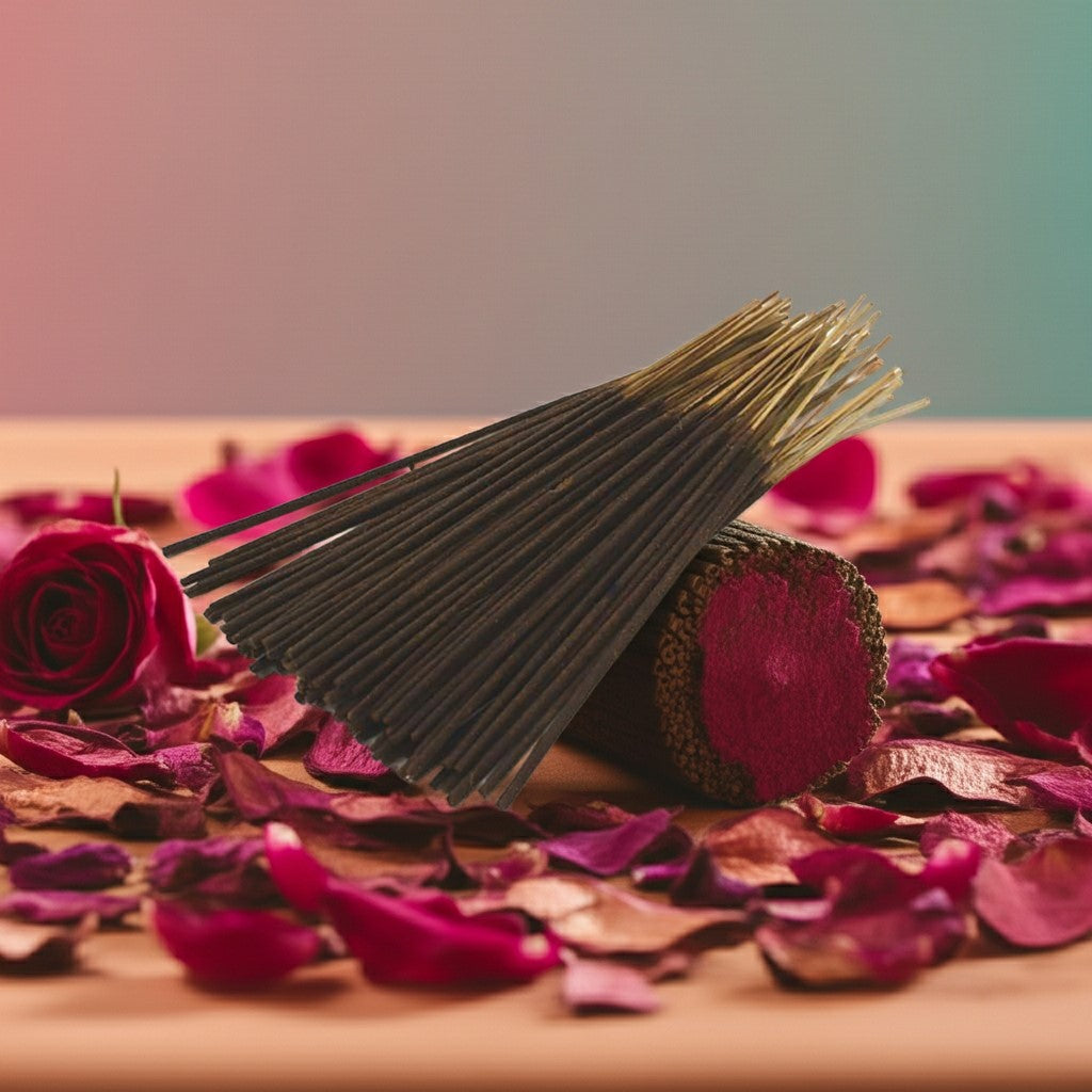 Rose Petals Incense Sticks with roses and petals on a pink background