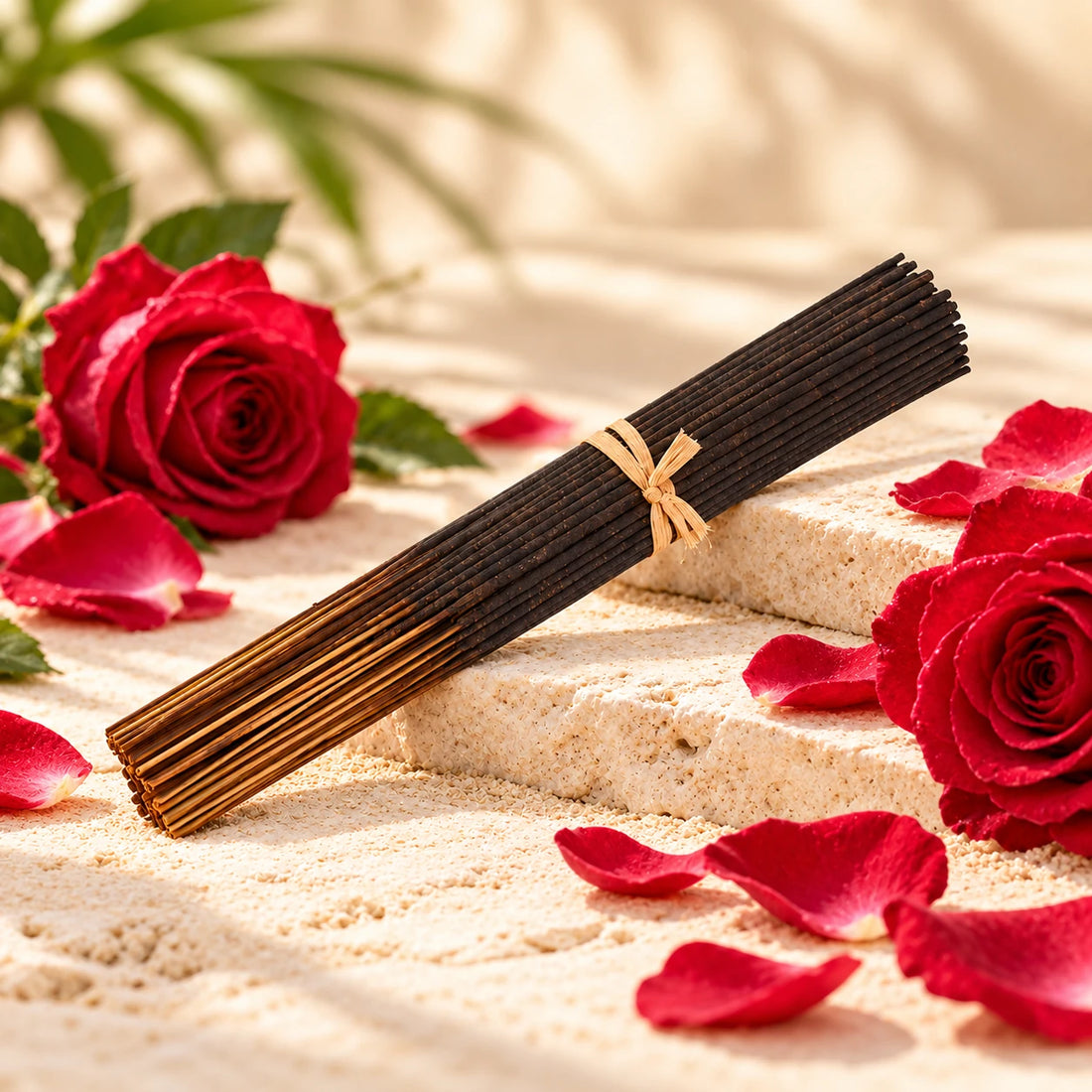 Rose Petals Incense Sticks with roses and rose petals.
