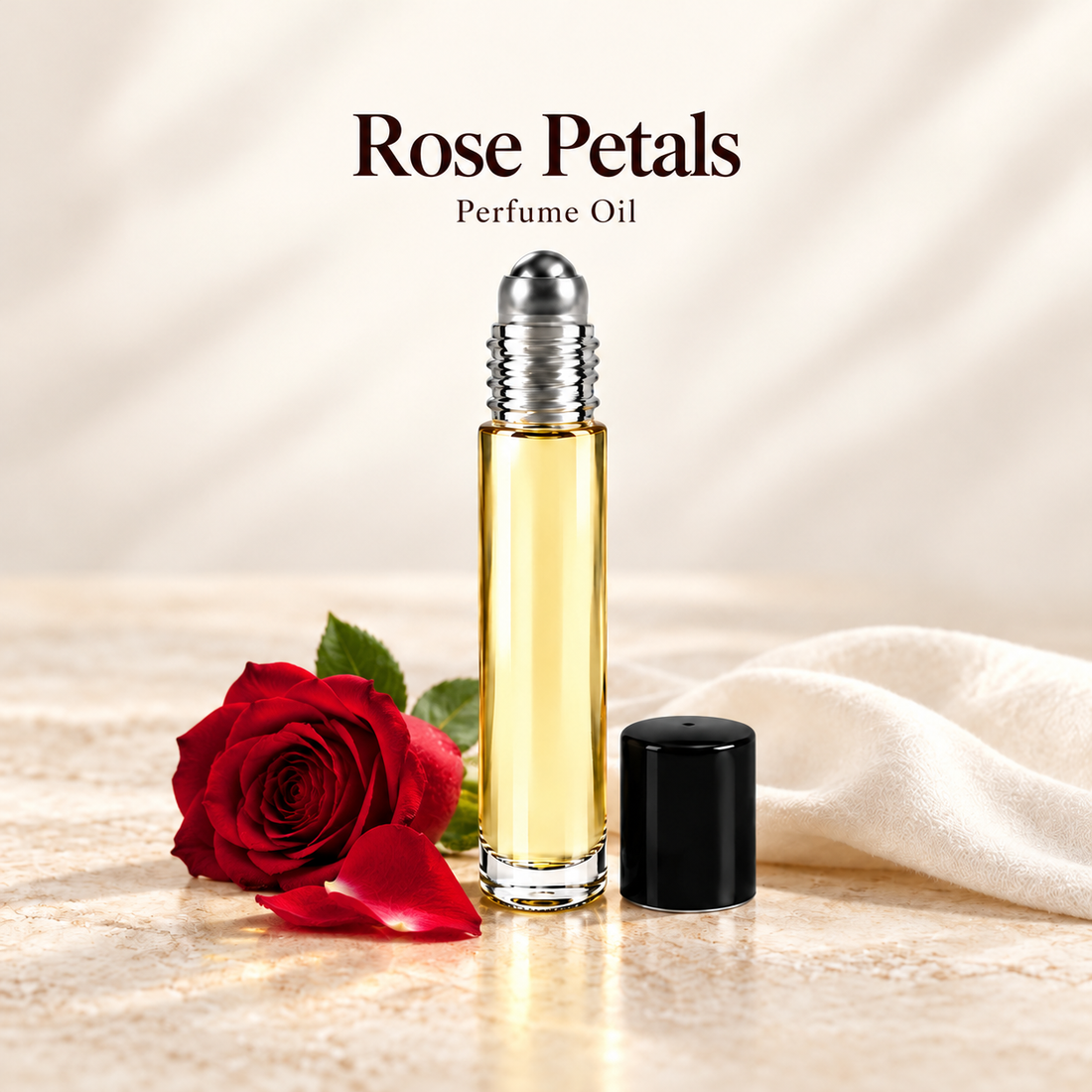 Rose Petals Perfume Oil with simple scent note accents on soft ivory