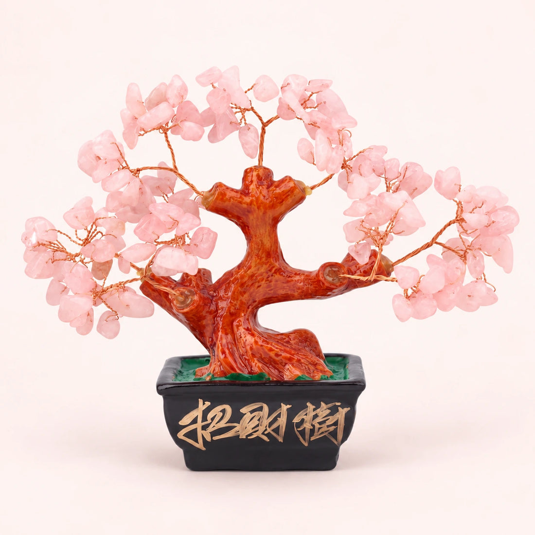 Rose Quartz Bonsai Crystal Tree on a soft ivory background; view 1.