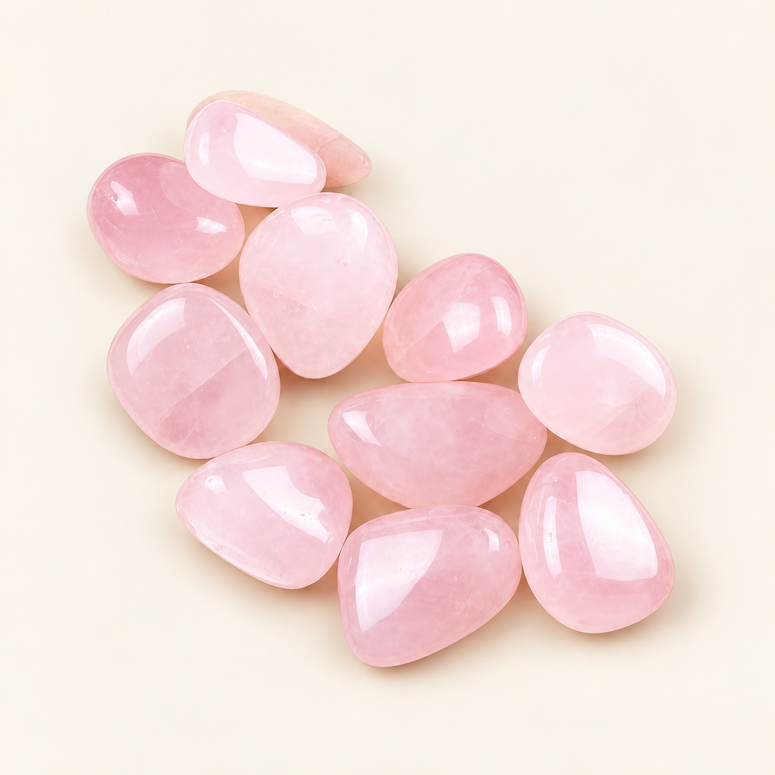 Rose Quartz tumbled stones with soft pink tones on a soft ivory background
