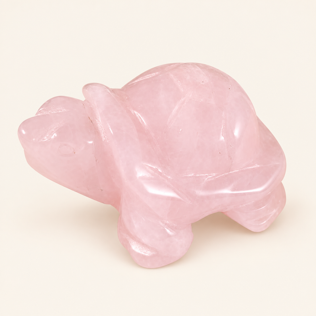 Rose Quartz Carved Turtle with soft pink tones on a soft ivory background