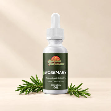 Ancient Infusions Rosemary Essential Oil bottle with botanicals on a soft ivory background.