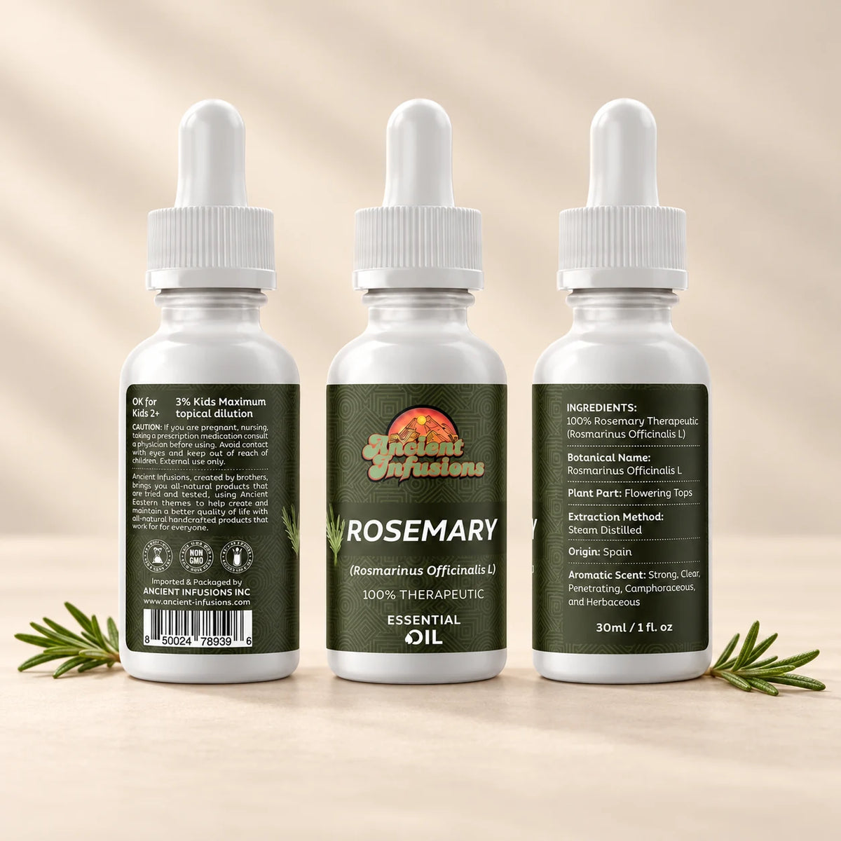 Ancient Infusions Rosemary Essential Oil front and side label views on an ivory background.