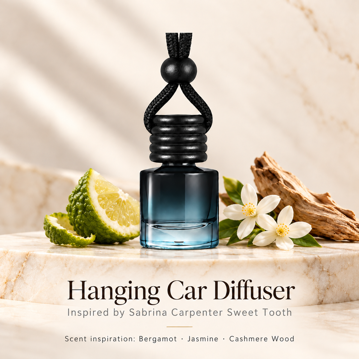 Hanging car diffuser inspired by Sabrina Carpenter Sweet Tooth, with scent illustrations on warm ivory stone
