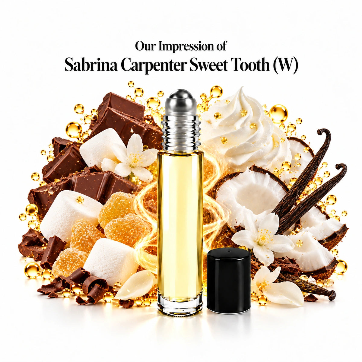 Our impression of Sabrina Carpenter Sweet Tooth perfume oil with fragrance notes on white