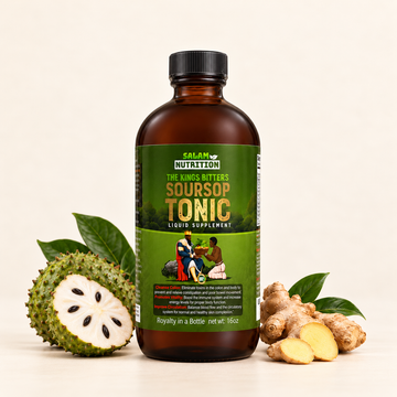 Salam Nutrition The Kings Bitters Soursop Tonic 16 oz bottle with soursop and ginger on an ivory background.