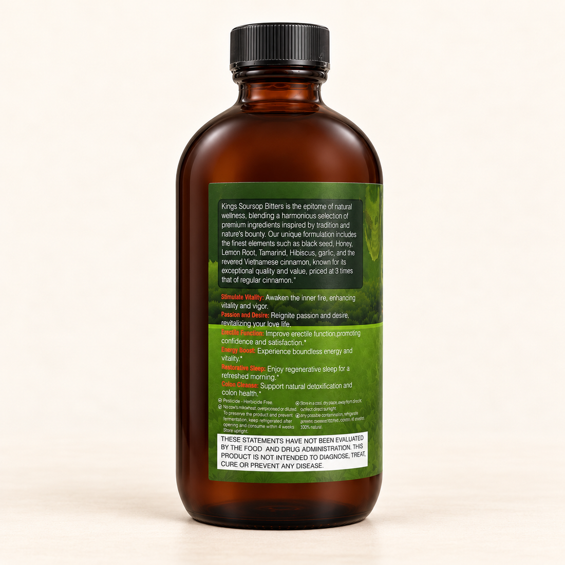 Salam Nutrition The Kings Bitters Soursop Tonic 16 oz bottle with soursop and ginger on an ivory background.