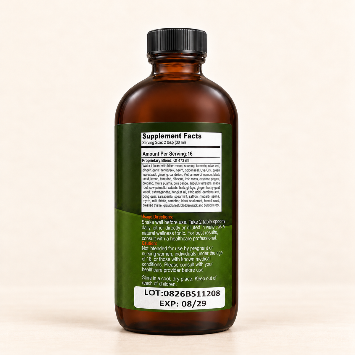 Salam Nutrition Soursop Tonic 16 oz supplement facts and ingredient label angle on an ivory background.