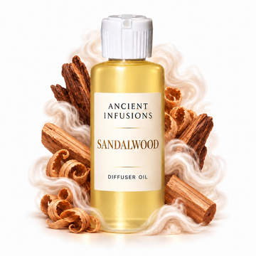 Sandalwood Diffuser Oil by Ancient Infusions with golden oil, white cap and matching scent artwork
