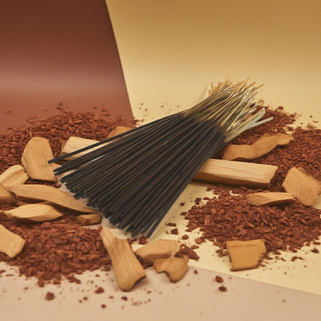 Sandalwood Incense Sticks on a beige background with wood pieces and rock pieces