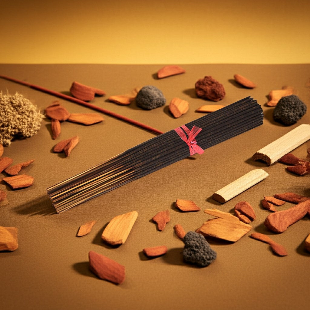 Sandalwood Incense Sticks on a brown background with wood and wood pieces around
