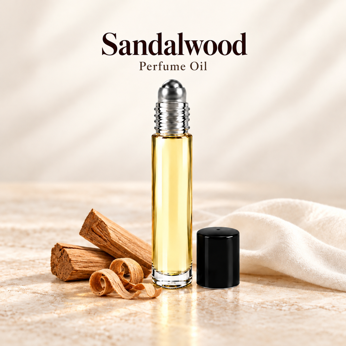 Sandalwood Perfume Oil with simple scent note accents on soft ivory