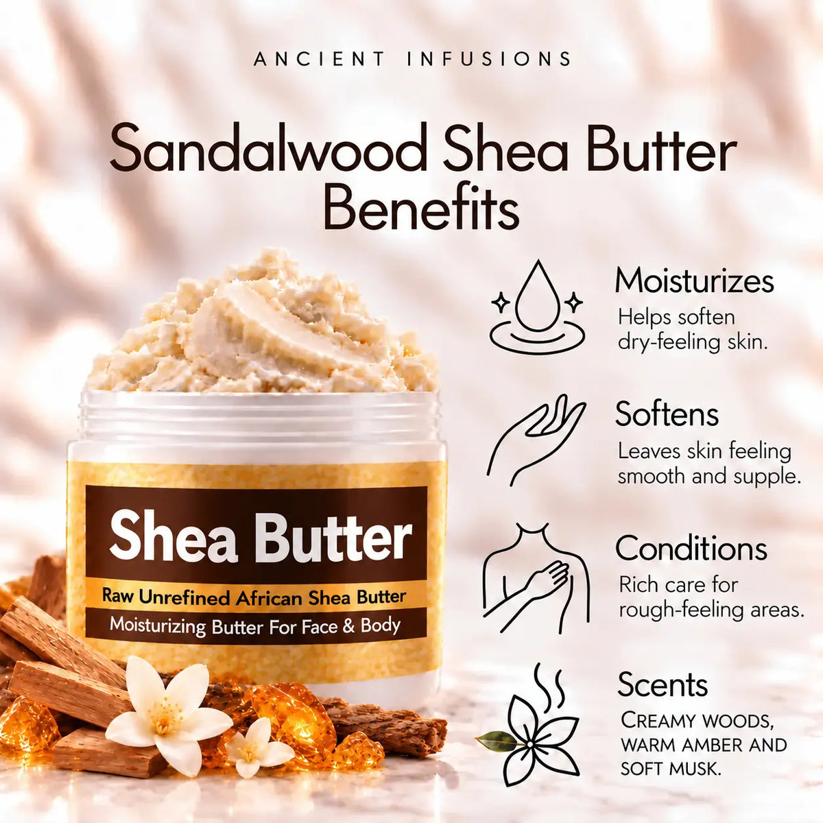Sandalwood shea butter benefits with approved generic Shea Butter gold and brown label.