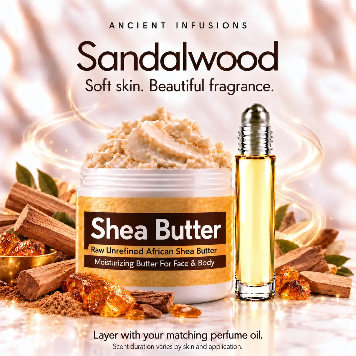 Sandalwood shea butter and perfume oil fragrance layering with generic Shea Butter label; scent duration varies.