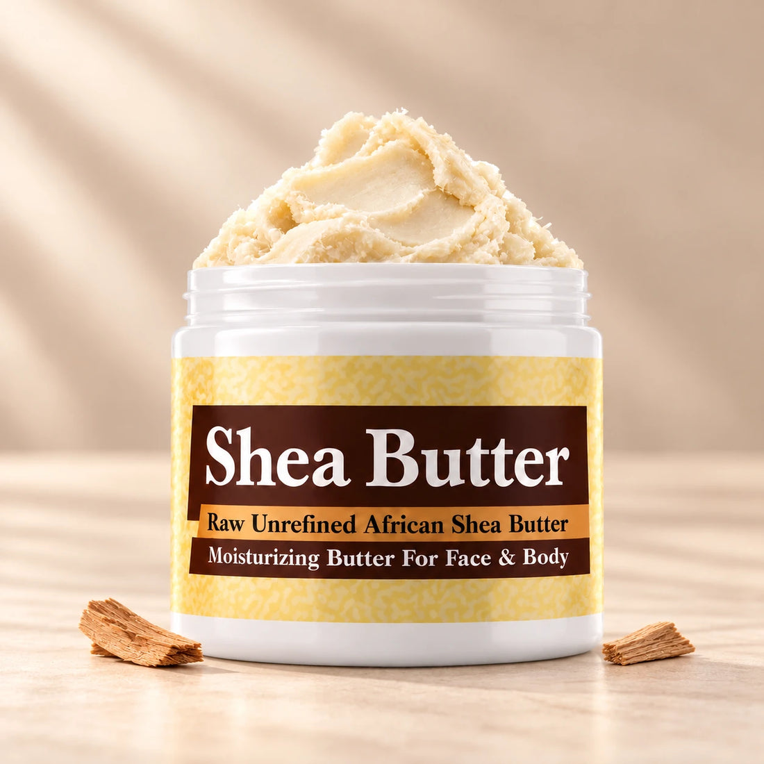 Sandalwood Shea Butter in an open white jar with textured ivory shea butter and simple scent accents on a soft cream background.