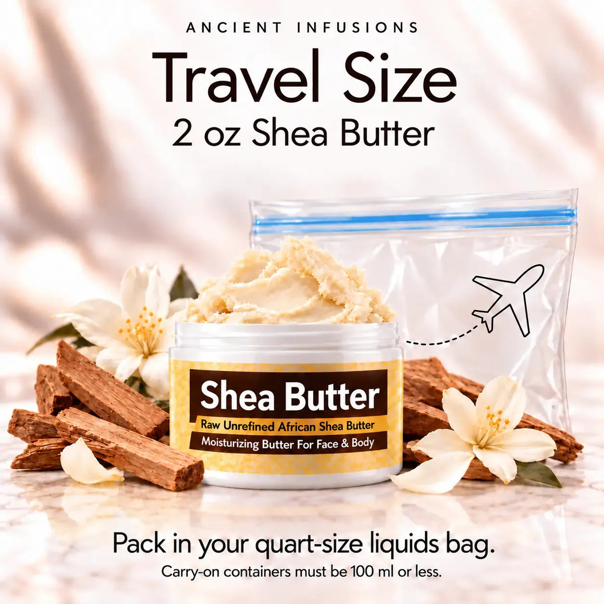 Two-ounce Sandalwood shea butter travel size with generic Shea Butter gold and brown label.