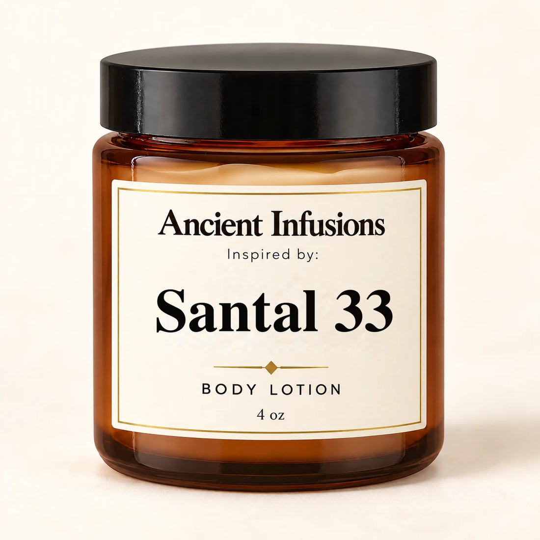 Santal 33 Inspired Body Lotion by Ancient Infusions — 4 oz amber glass jar