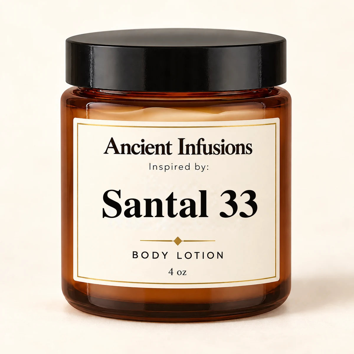 Santal 33 Inspired Body Lotion by Ancient Infusions — 4 oz amber glass jar