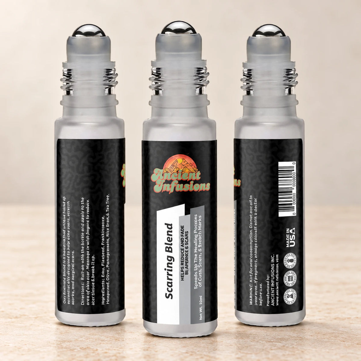 Ancient Infusions Scarring Herbal Remedy Oil Smooth & Renew front, side and back bottle views on a soft ivory stone background.