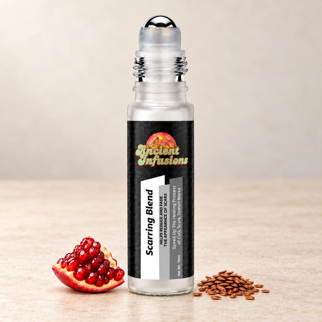 Ancient Infusions Scarring Herbal Remedy Oil Smooth & Renew single roller bottle with botanical accents on a soft ivory stone background.