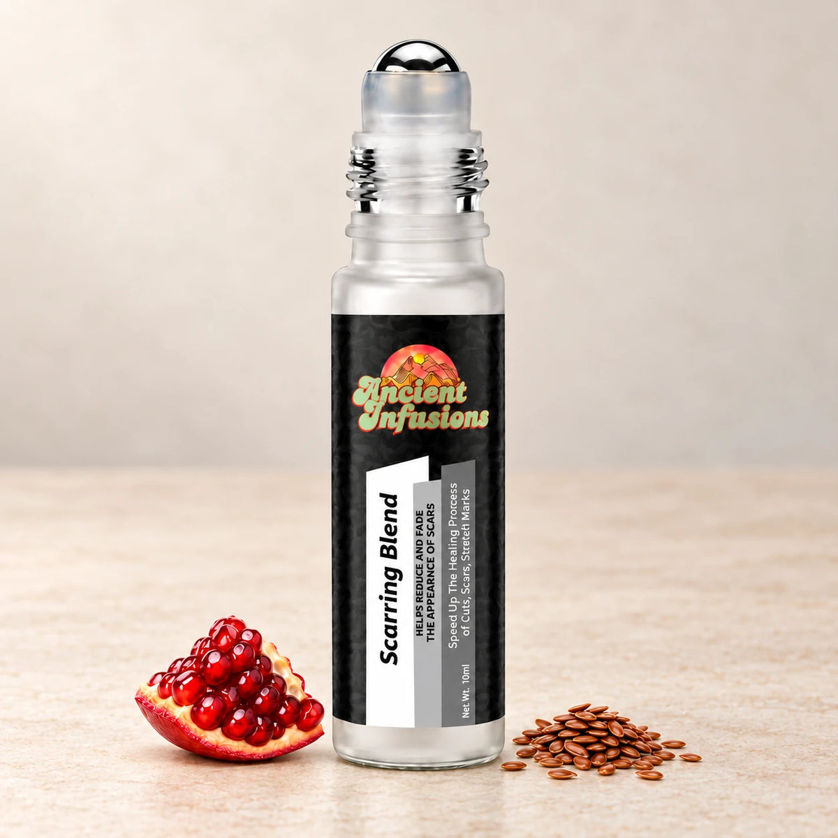 Ancient Infusions Scarring Herbal Remedy Oil Smooth & Renew single roller bottle with botanical accents on a soft ivory stone background.