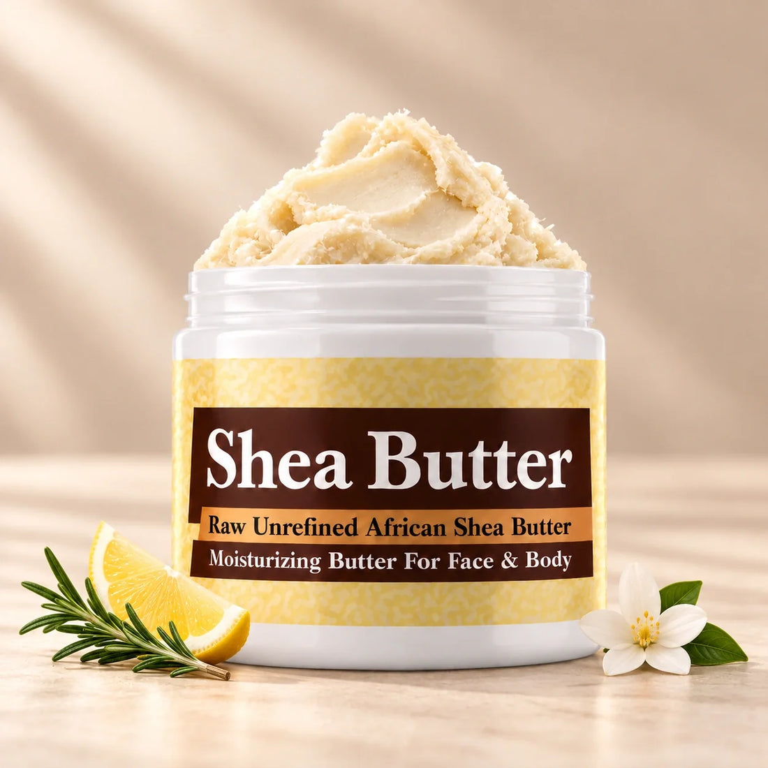 Acqua di Gio Shea Butter in an open white jar with textured ivory shea butter and subtle scent accents on a soft cream background.