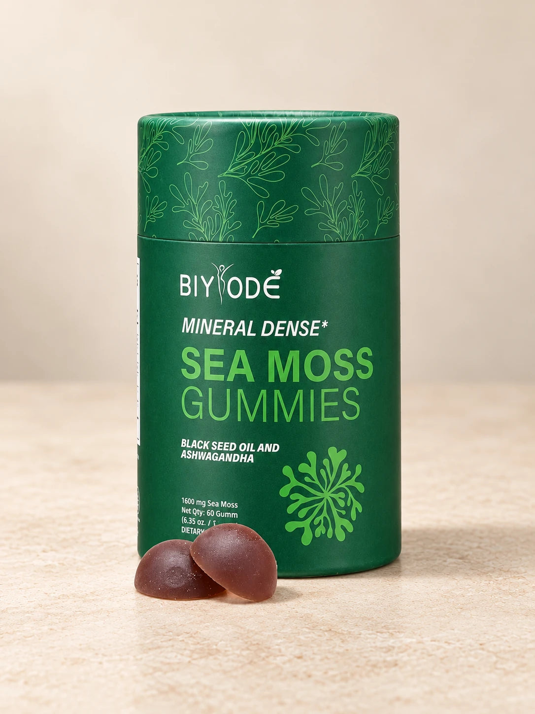 Sea Moss Gummies 30 Day product packaging on a warm ivory background