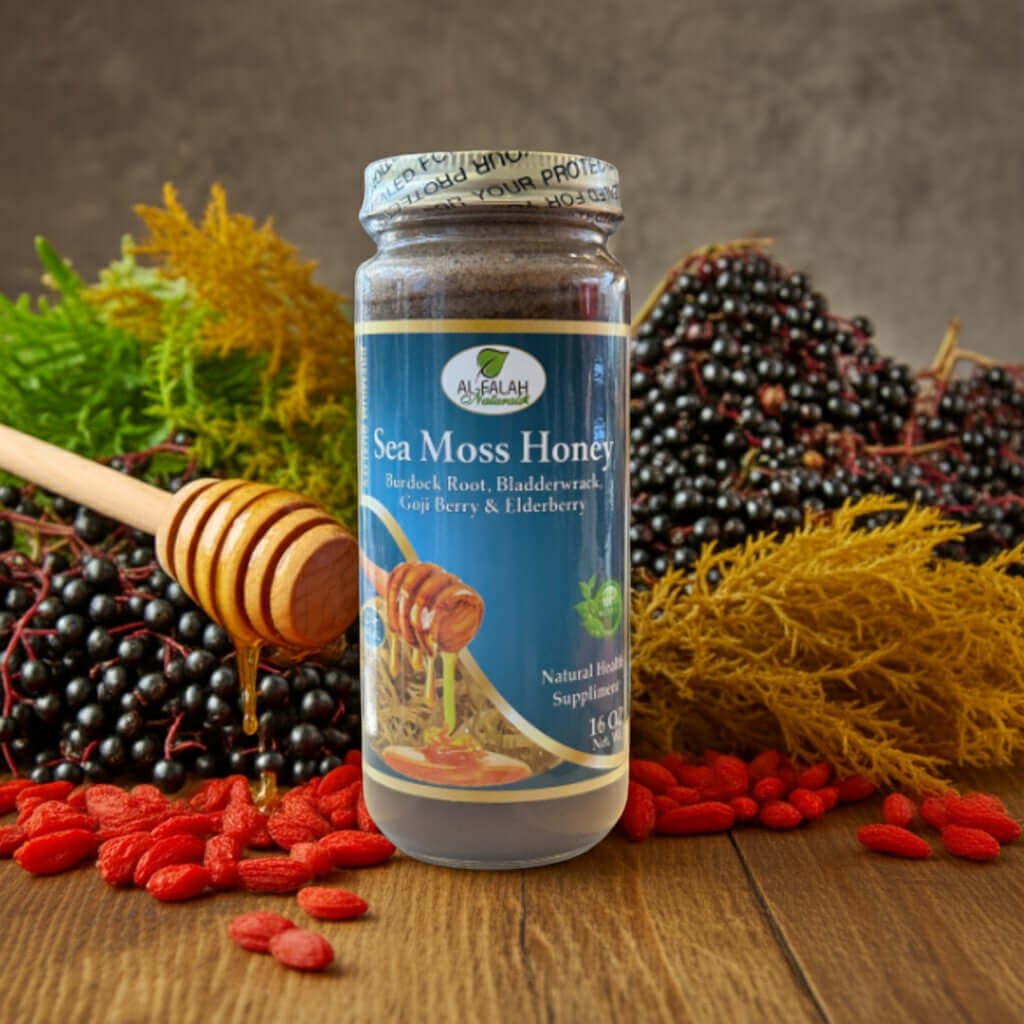 Sea Moss Herbal Honey jar with honey dipper, sea moss, and herbs in natural setting