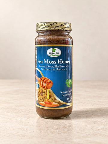 Sea Moss Honey 16 oz. product packaging on a warm ivory background