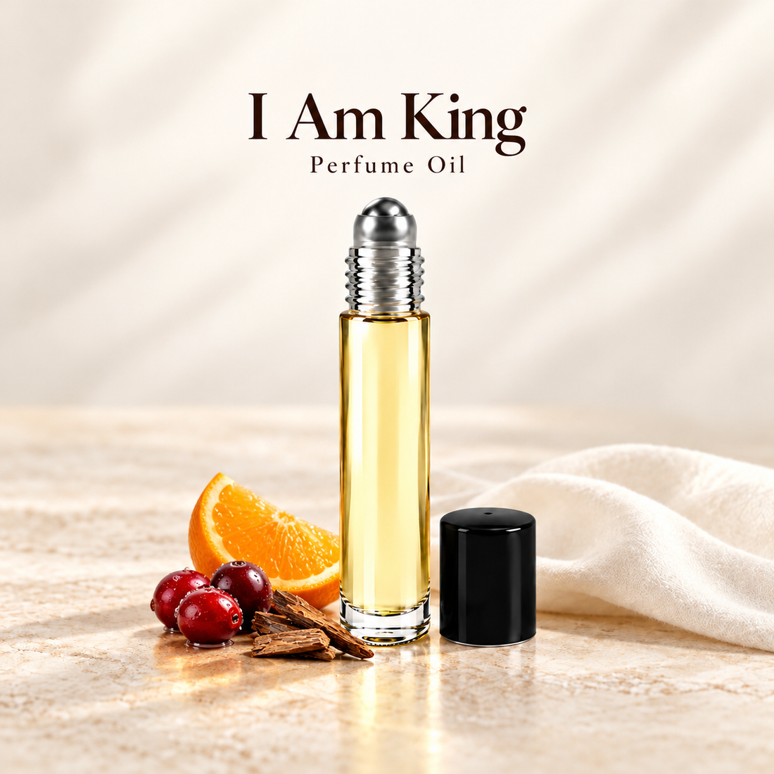 Sean John I Am King Perfume Oil with simple scent note accents on soft ivory