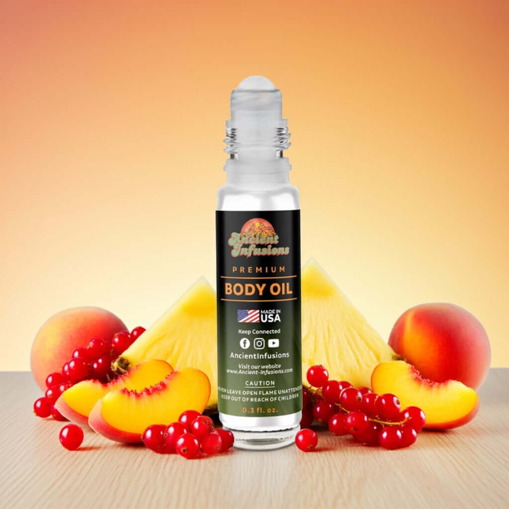 Sex on the Beach body oil roll-on with tropical fruit accents on a wooden platform