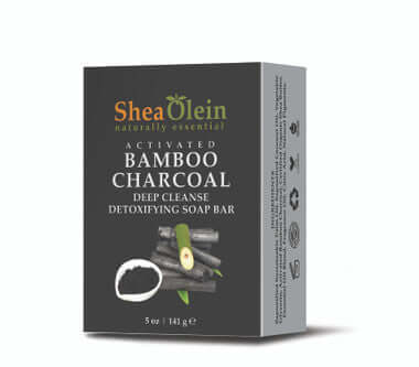 Shea Olein Activated Bamboo Charcoal Soap, detoxifying soap bar with bamboo and coconut oil, 5 oz box on display.