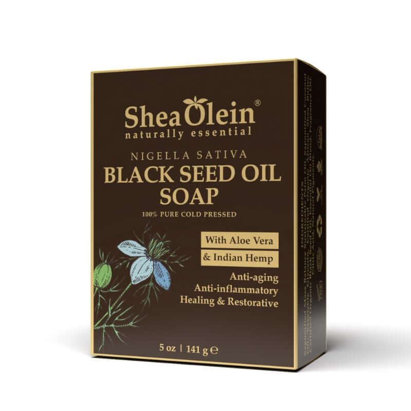 Shea Olein Black Seed Oil Soap Styled on Bathroom Countertop – Deep Cleansing Herbal Soap Bar.