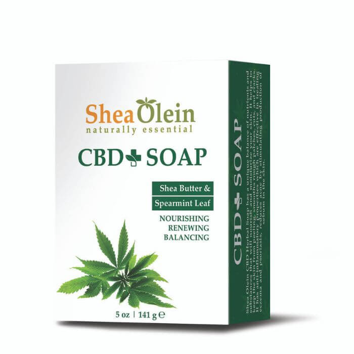 Shea Olein CBD Spearmint Soap Bar with nourishing shea butter and herbal mint, balancing skin care product, 5 oz package.