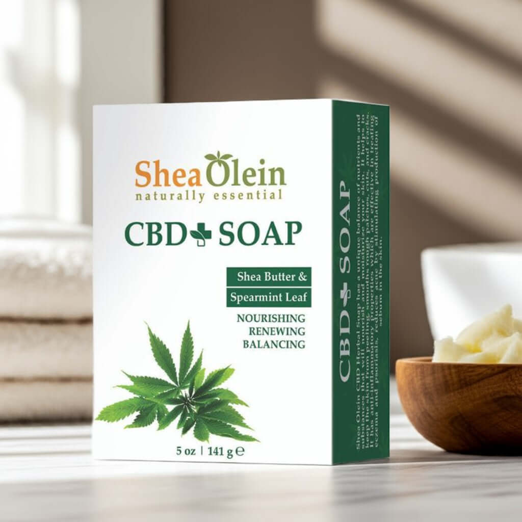 Shea Olein CBD Spearmint Soap Bar with nourishing shea butter and herbal mint, balancing skin care product, 5 oz package.