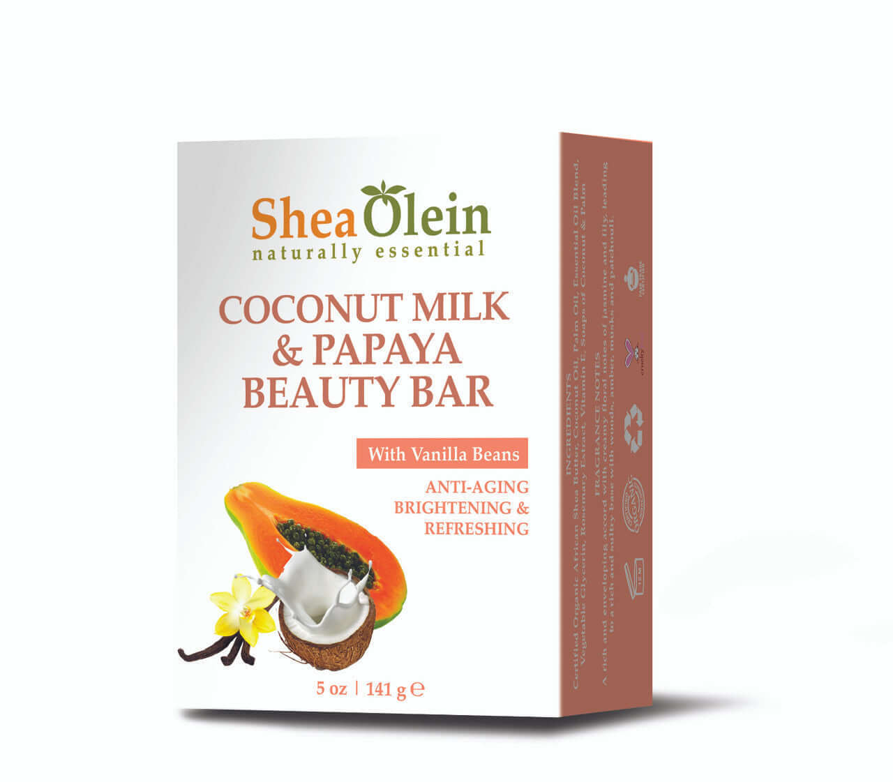 Shea Olein Coconut Milk & Papaya Beauty Soap packaging, showcasing natural ingredients for anti-aging, brightening, and refreshing skin care.