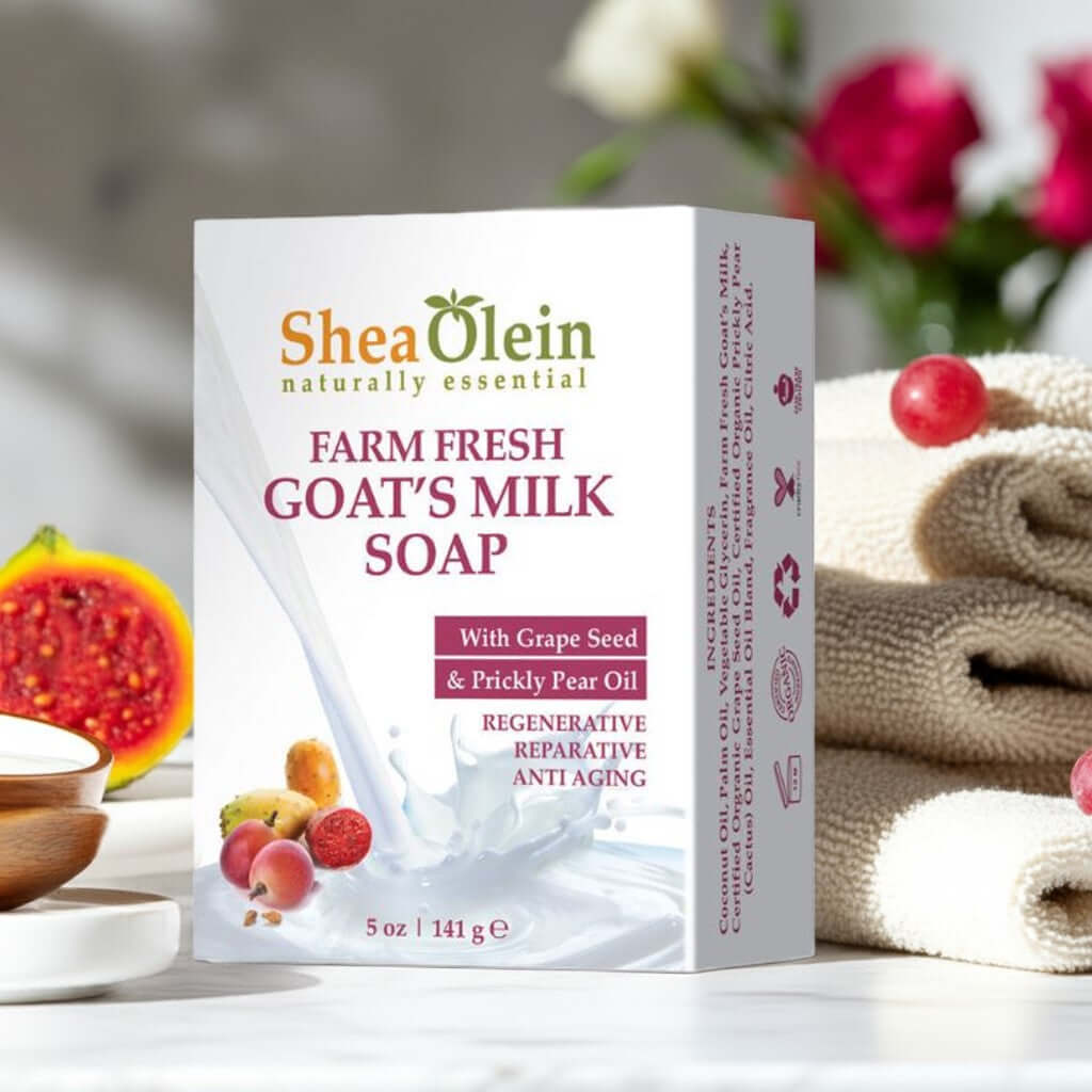 Shea Olein Goats Milk Soap with grapeseed and prickly pear oil, regenerative and reparative skincare bar.