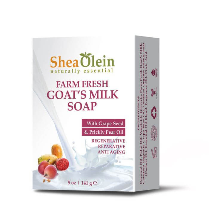 Shea Olein Goats Milk Soap box with grape seed and prickly pear oil for regenerative and reparative skincare.