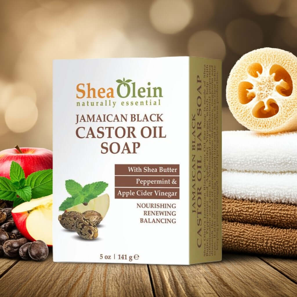 Shea Olein Jamaican Black Castor Oil Soap with peppermint and apple cider on wood surface – nourishing bar for balance and renewal.