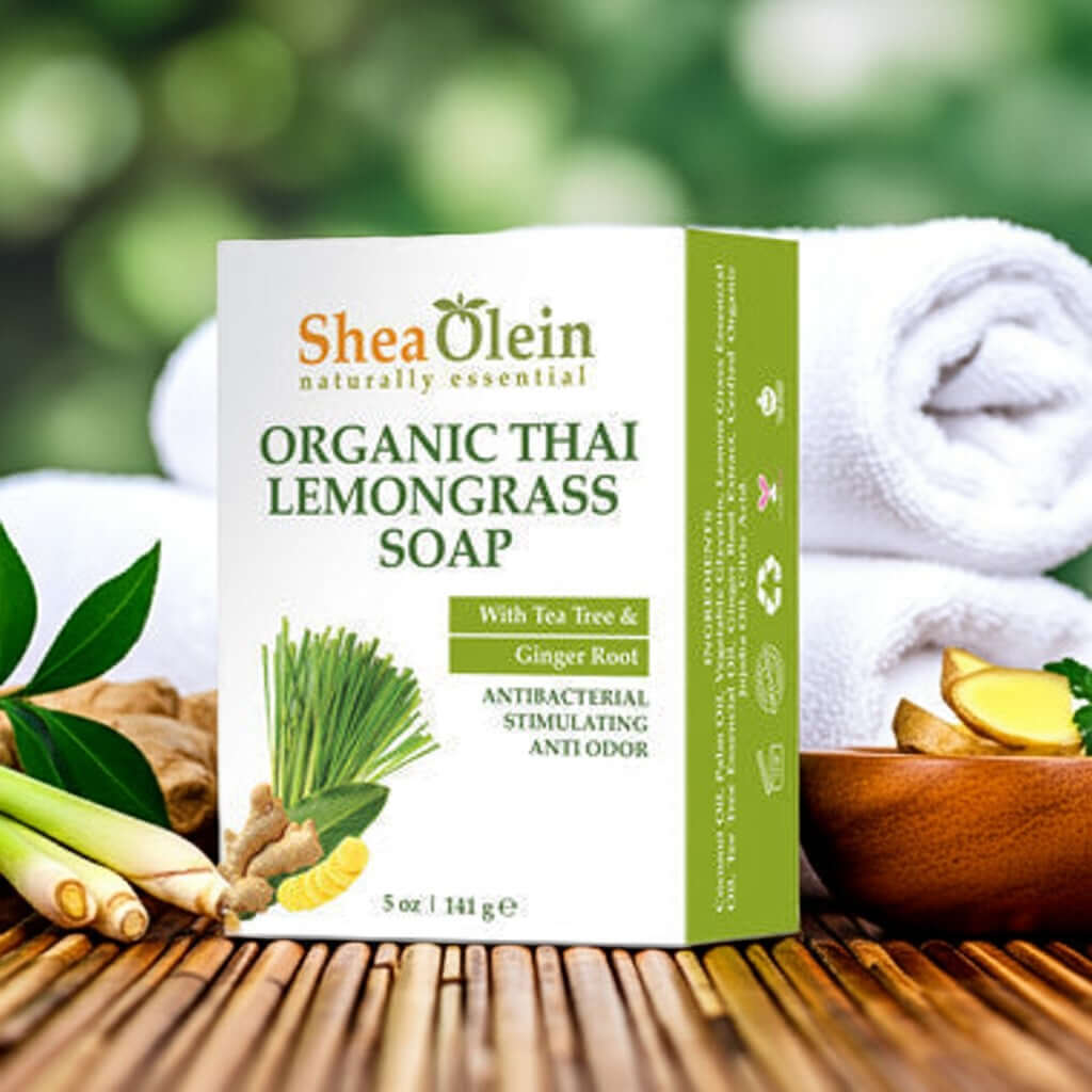 Shea Olein Lemongrass Soap Bar with tea tree oil and ginger, organic Thai lemongrass scent, on a spa setting background.