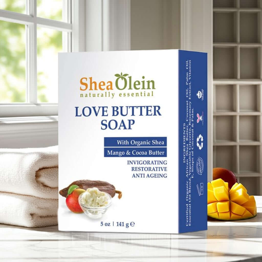 Shea Olein Love Butter Soap with cocoa pods, mango, and shea butter on a white bathroom counter – hydrating and anti-aging body bar.