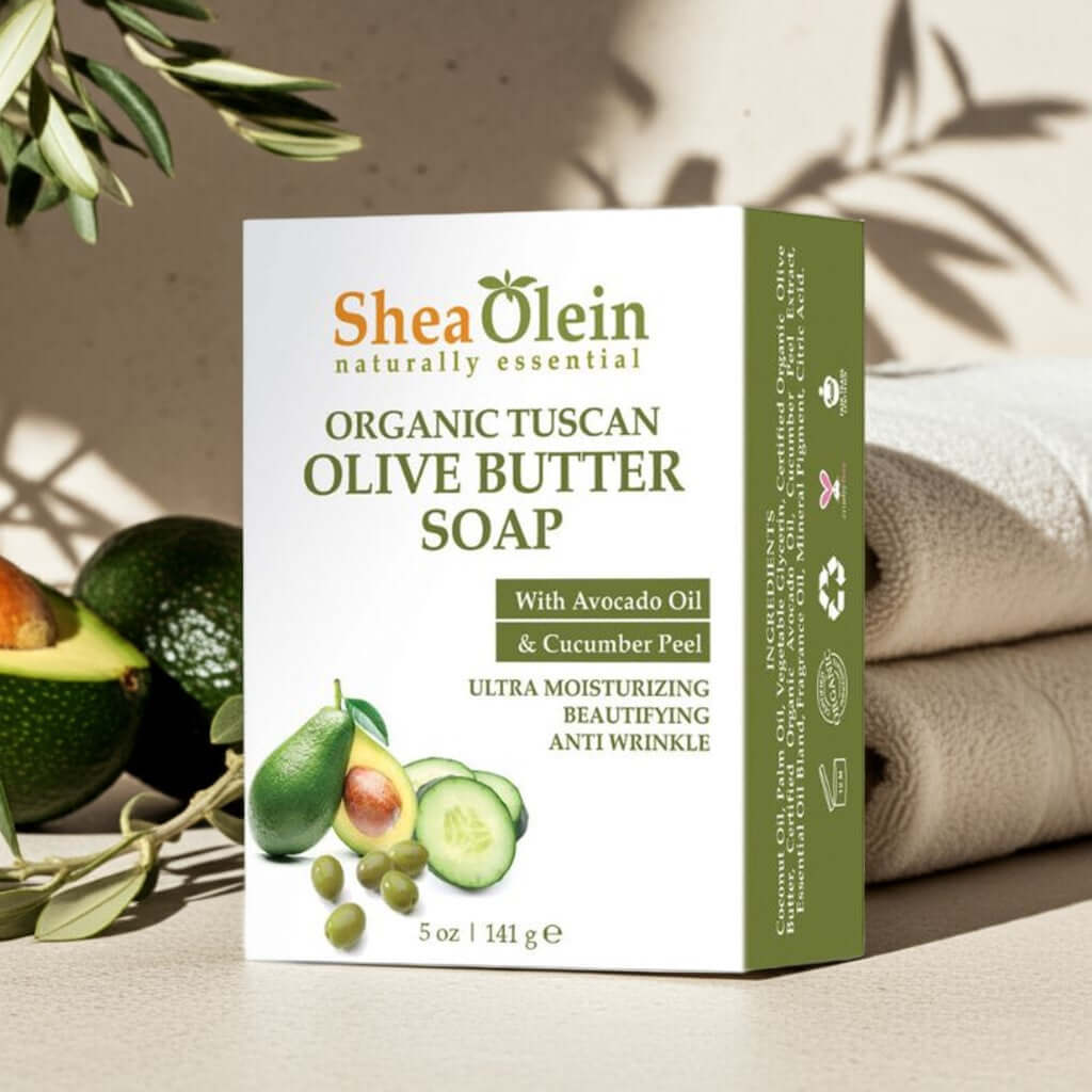 Shea Olein Olive Butter Soap bar with avocado oil & cucumber, nourishing and moisturizing for dry, dull, or sensitive skin.
