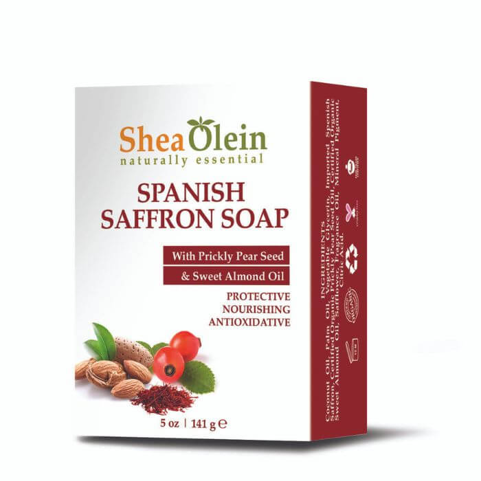 Shea Olein Spanish Saffron Soap with prickly pear and sweet almond oil packaging, showcasing nourishing skincare ingredients.