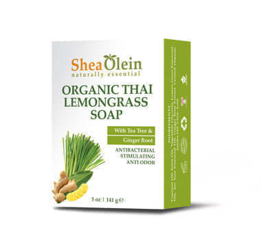 Shea Olein Lemongrass Soap Bar with tea tree oil and ginger, organic Thai lemongrass scent, on a spa setting background.