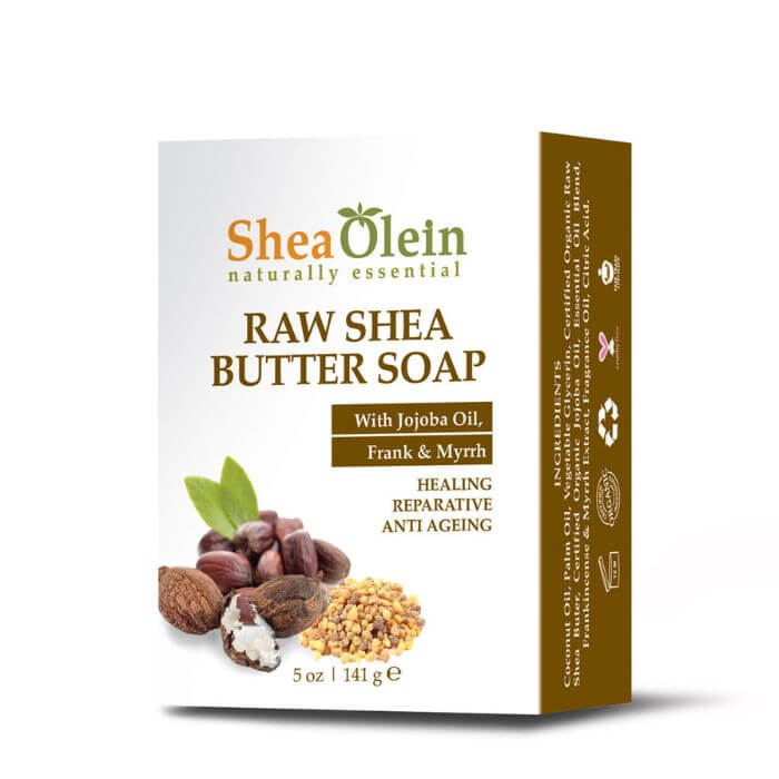 Shea Olein Raw Shea Butter Soap on wooden counter with shea nuts and whipped shea butter – moisturizing face and body bar for dry skin.