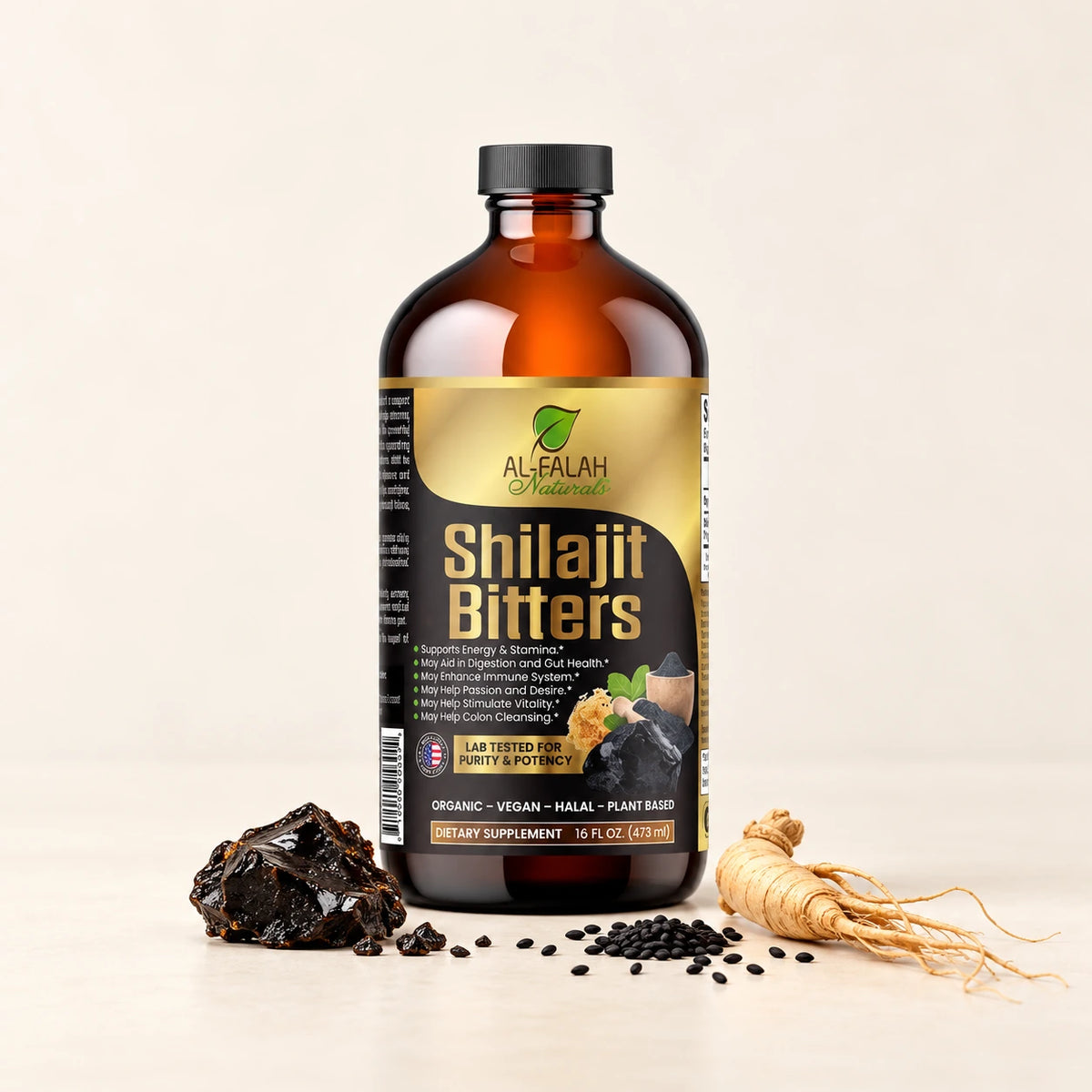 Al-Falah Shilajit Bitters 16 fl oz bottle with resin, ginseng and black seeds on an ivory surface.