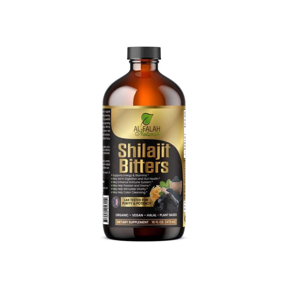 Bottle of Shilajit Bitters with a gold label on a white background