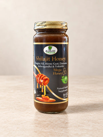 Shilajit Honey 16 oz. product packaging on a warm ivory background